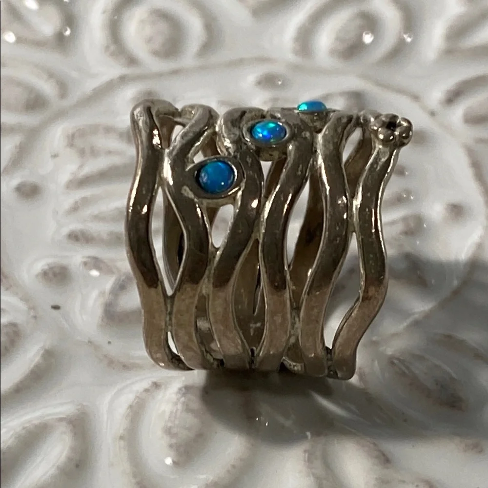 Vintage Israeli Sterling Silver Blue Fire Opal Wave Ring Size 6